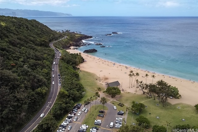 bird's eye view featuring a view of the beach and a water view