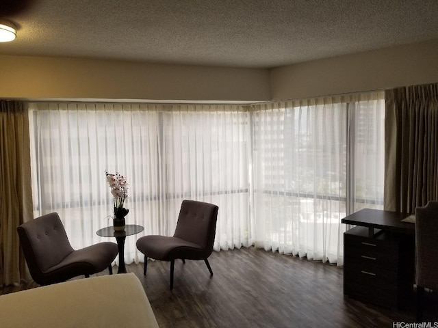 sitting room with a textured ceiling and dark wood finished floors