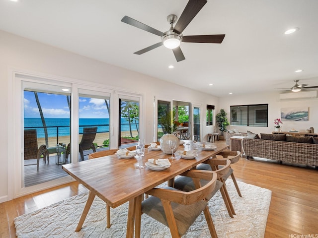 59-355 Ke Nui Rd, Haleiwa, HI 96712 - dining space with a ceiling fan, light wood-style floors, recessed lighting, and a wall mounted air conditioner