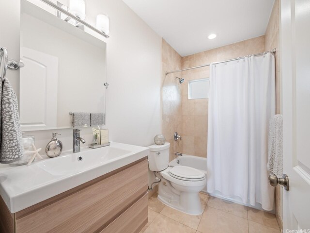 full bathroom with toilet, tile patterned flooring, shower / bathtub combination with curtain, and vanity