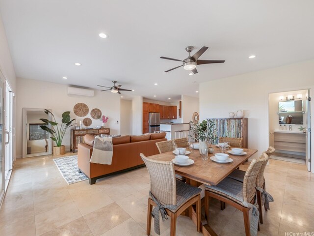 dining area featuring light tile patterned floors, ceiling fan, a wall unit AC, and recessed lighting