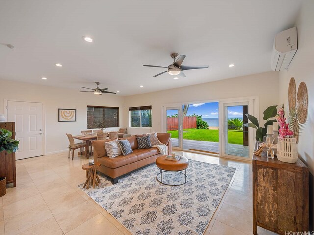 living room featuring recessed lighting, light tile patterned flooring, ceiling fan, and a wall unit AC