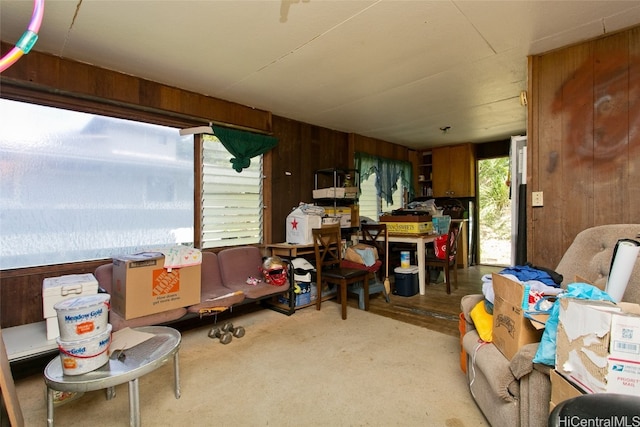 miscellaneous room featuring carpet flooring and wood walls