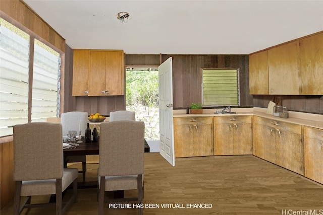 kitchen with a wealth of natural light, sink, dark wood-type flooring, and wood walls