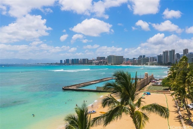 view of water feature with a beach view