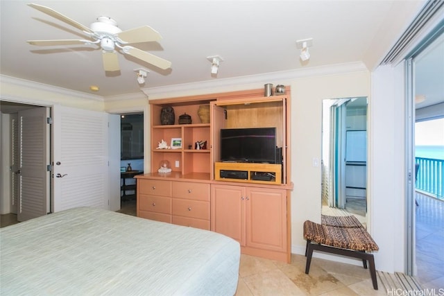 tiled bedroom featuring access to outside, ceiling fan, and crown molding