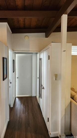 hall with beam ceiling, dark wood-type flooring, and wood ceiling