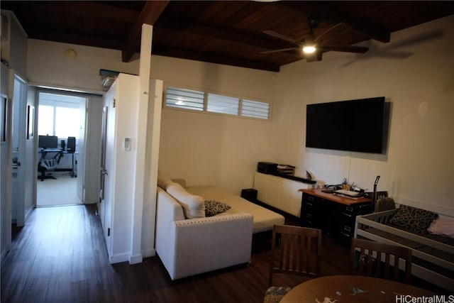 living room featuring ceiling fan, beam ceiling, wood ceiling, and dark wood-type flooring