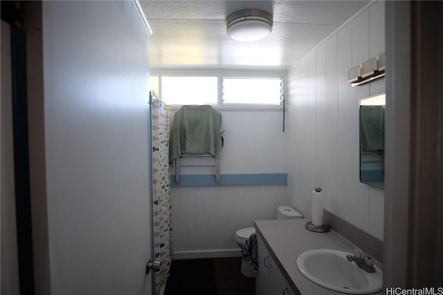 bathroom featuring walk in shower, vanity, a textured ceiling, and toilet