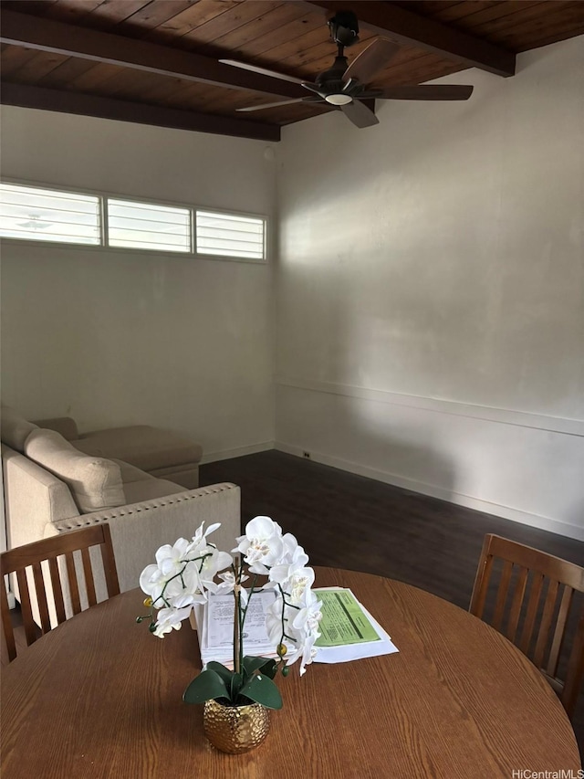 1629 Kino St Unit F, Honolulu, HI 96819 - unfurnished dining area with a ceiling fan, wood ceiling with exposed beams, wood finished floors, and baseboards