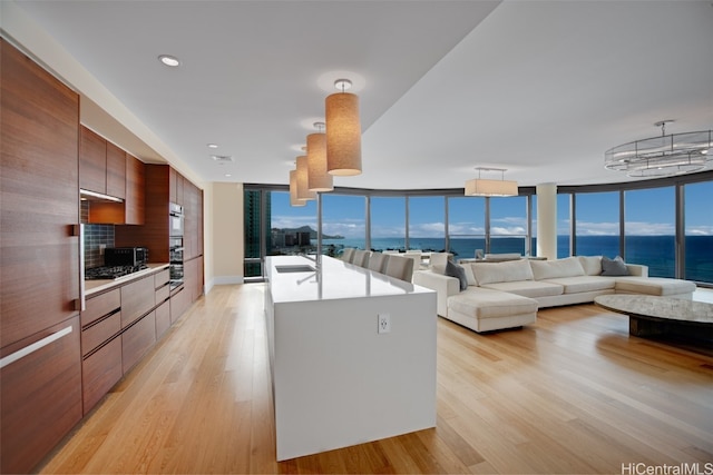 kitchen featuring an island with sink, light hardwood / wood-style flooring, expansive windows, appliances with stainless steel finishes, and a water view