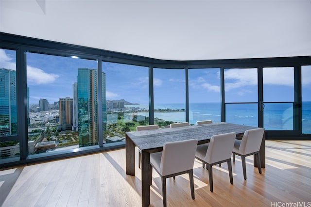 dining room featuring a water view, light hardwood / wood-style flooring, and floor to ceiling windows