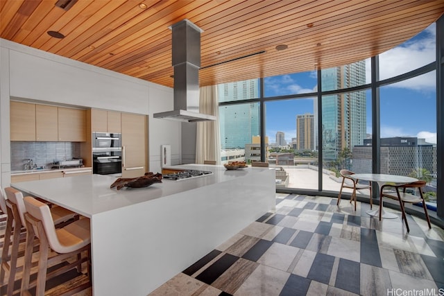 kitchen with tasteful backsplash, wall chimney range hood, stainless steel appliances, wooden ceiling, and floor to ceiling windows