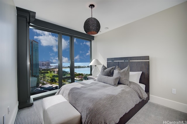 bedroom featuring carpet and a water view