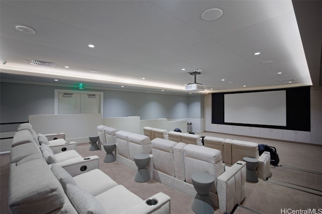 home theater room featuring light carpet and a raised ceiling