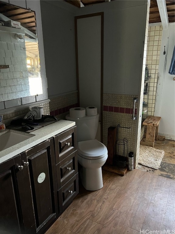 bathroom with vanity, toilet, wood-type flooring, and decorative backsplash