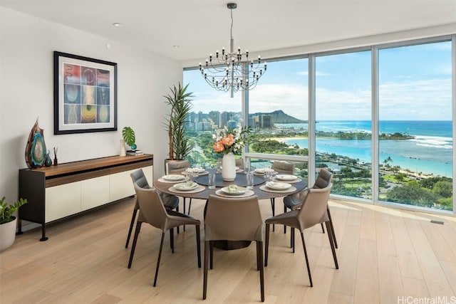 dining space with light hardwood / wood-style floors, a notable chandelier, and a water view