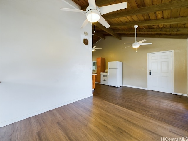 unfurnished living room with dark wood-type flooring, lofted ceiling with beams, and wooden ceiling