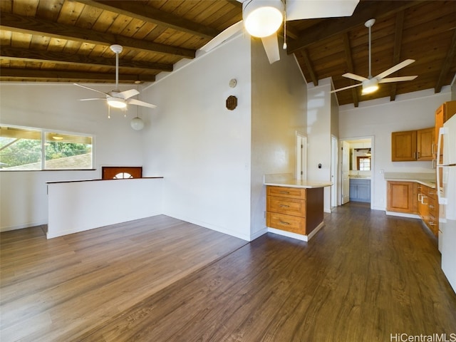 unfurnished living room featuring wood ceiling, beam ceiling, and dark hardwood / wood-style flooring