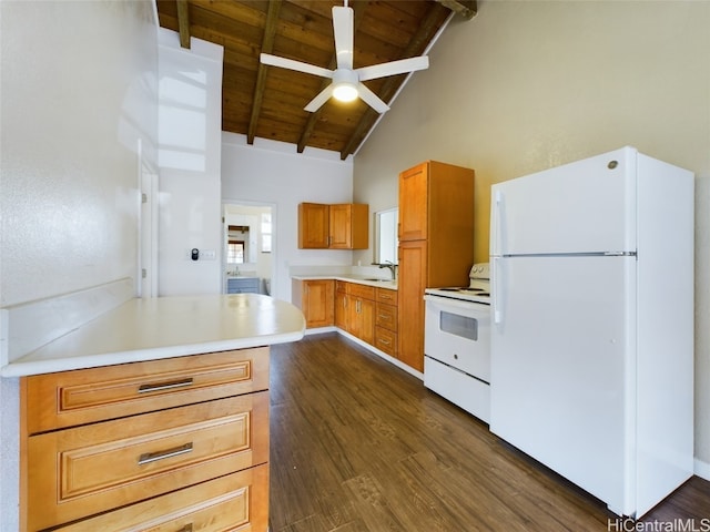 kitchen with wood ceiling, high vaulted ceiling, beamed ceiling, dark wood-type flooring, and white appliances