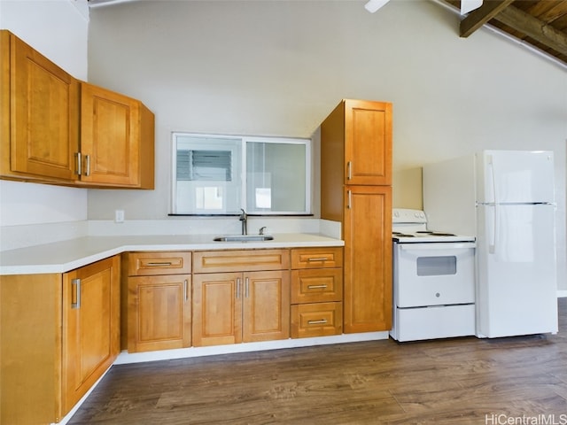 kitchen with dark hardwood / wood-style floors, sink, and white appliances