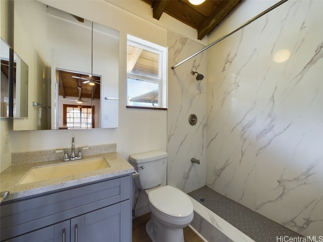 bathroom with beam ceiling, wooden ceiling, toilet, tiled shower, and vanity