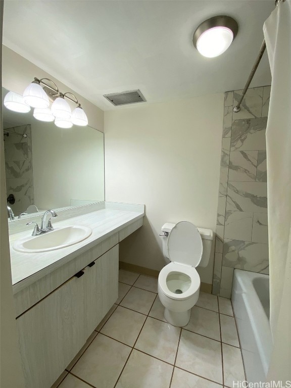 full bathroom with vanity, shower / bath combo, toilet, and tile patterned floors