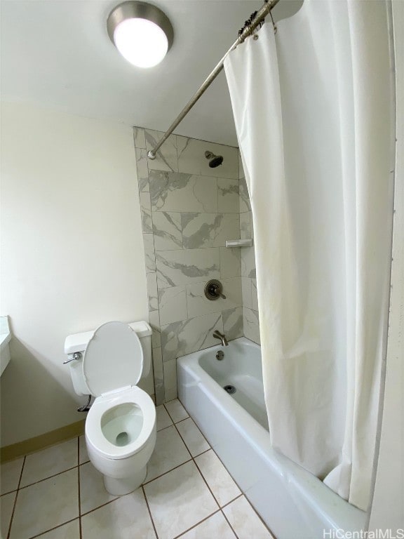 bathroom with toilet, shower / bathtub combination with curtain, and tile patterned floors