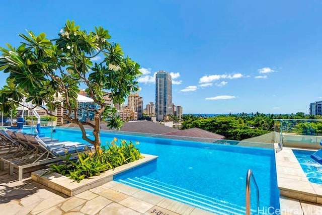 view of swimming pool featuring a patio area