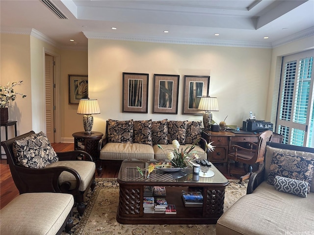 1740 S Beretania St Unit 33, Honolulu, HI 96826 - living area with a raised ceiling, crown molding, wood finished floors, and recessed lighting