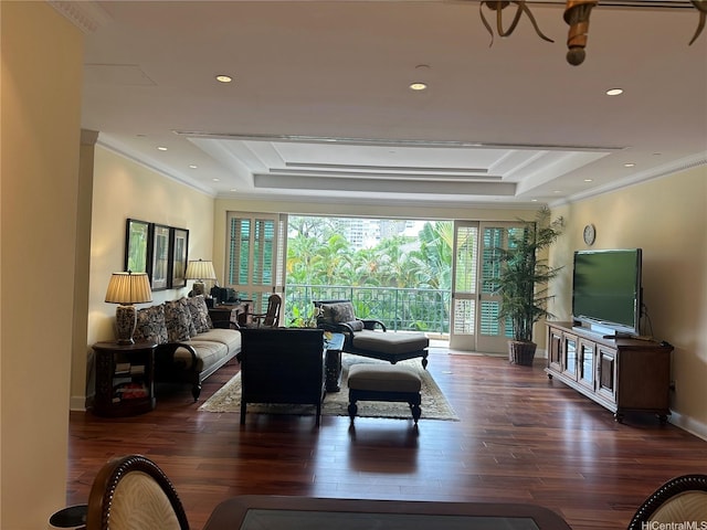 1740 S Beretania St Unit 33, Honolulu, HI 96826 - living room featuring a raised ceiling, plenty of natural light, crown molding, and hardwood / wood-style floors
