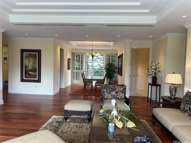 1740 S Beretania St Unit 33, Honolulu, HI 96826 - living room featuring a tray ceiling, wood finished floors, a chandelier, baseboards, and recessed lighting