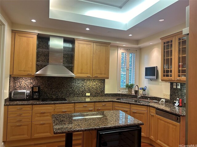 1740 S Beretania St Unit 33, Honolulu, HI 96826 - kitchen featuring a sink, wall chimney range hood, beverage cooler, black electric stovetop, and tasteful backsplash