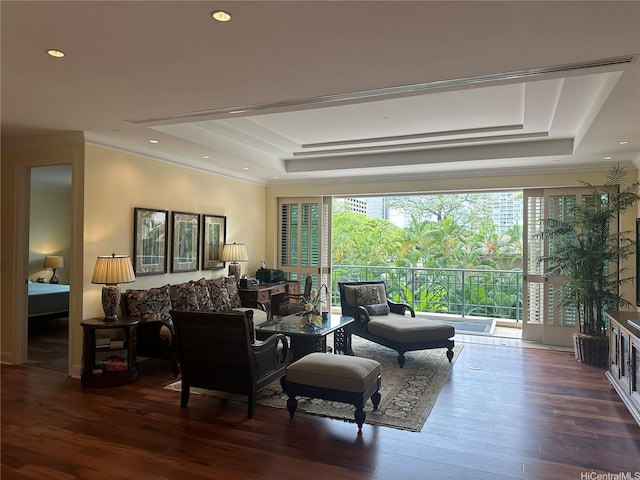 1740 S Beretania St Unit 33, Honolulu, HI 96826 - living area featuring a tray ceiling, ornamental molding, hardwood / wood-style flooring, and recessed lighting