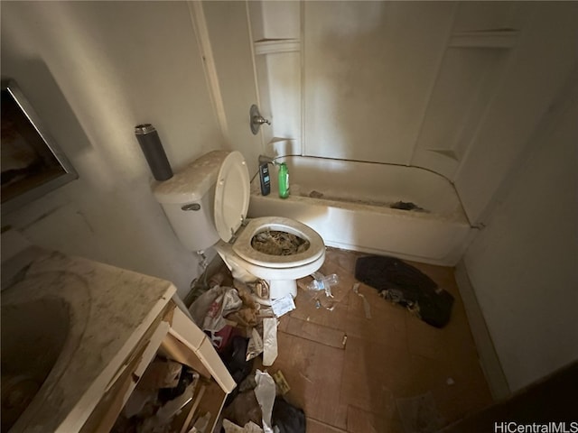 full bathroom featuring vanity, toilet, bathtub / shower combination, and tile patterned flooring