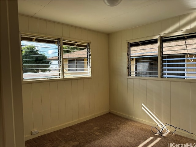 carpeted empty room featuring wood walls