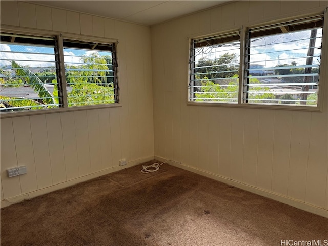 unfurnished room featuring carpet, wooden walls, and plenty of natural light