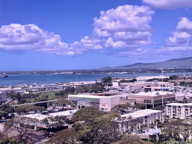 bird's eye view with a water and mountain view