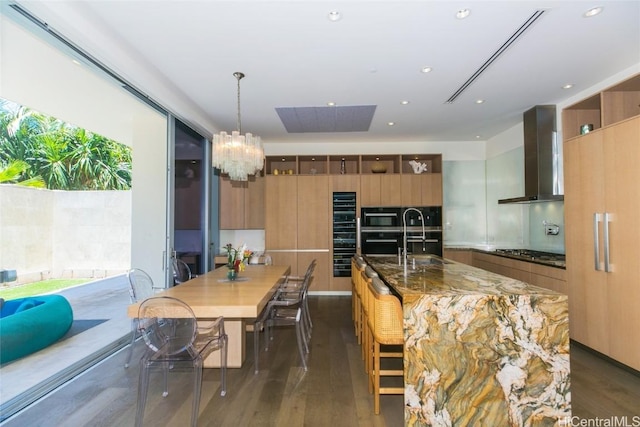 kitchen featuring appliances with stainless steel finishes, dark hardwood / wood-style flooring, sink, wall chimney range hood, and pendant lighting