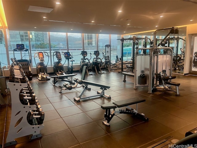 workout area featuring a wall of windows