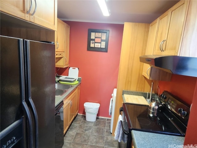 kitchen featuring light brown cabinets, black appliances, exhaust hood, and sink