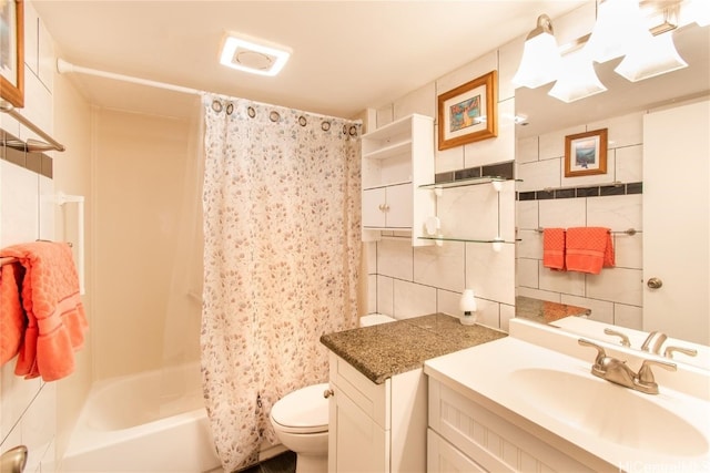 full bathroom with backsplash, tile walls, toilet, vanity, and shower / tub combo with curtain