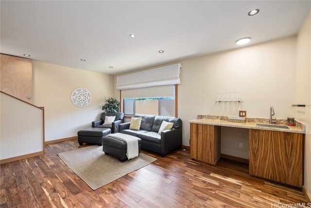 living room with sink and dark wood-type flooring