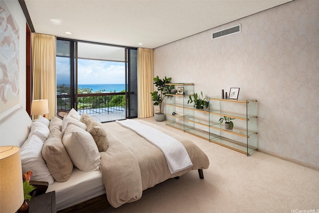 3869 Pokapahu Pl, Honolulu, HI 96816 - carpeted bedroom with a wall of windows, a water view, baseboards, and access to exterior