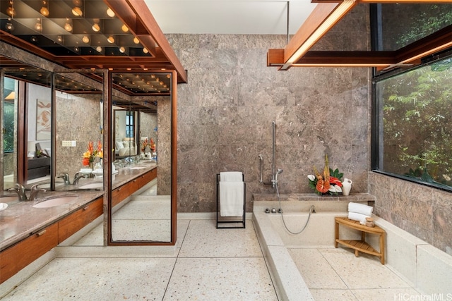 bathroom featuring vanity, plenty of natural light, and a bathtub