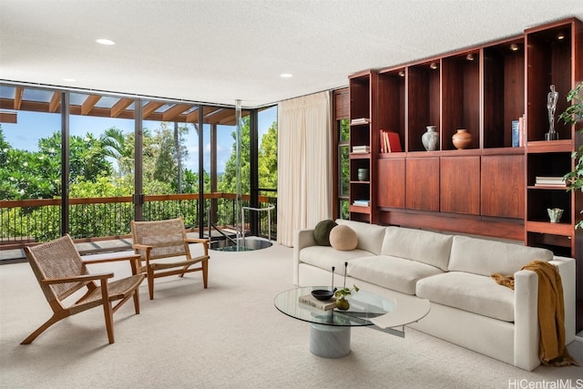 interior space featuring a textured ceiling and carpet floors