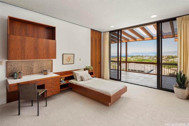 carpeted bedroom featuring a textured ceiling and access to exterior