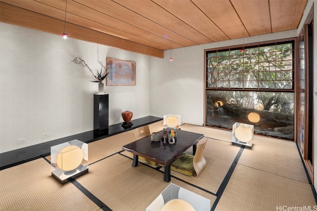 living room with wooden ceiling