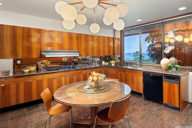 3869 Pokapahu Pl, Honolulu, HI 96816 - kitchen featuring brown cabinets, under cabinet range hood, black appliances, a sink, and modern cabinets