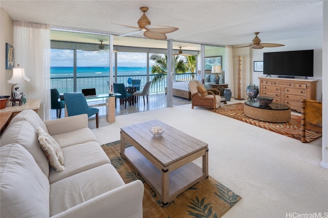 living room featuring expansive windows, carpet, a textured ceiling, and plenty of natural light